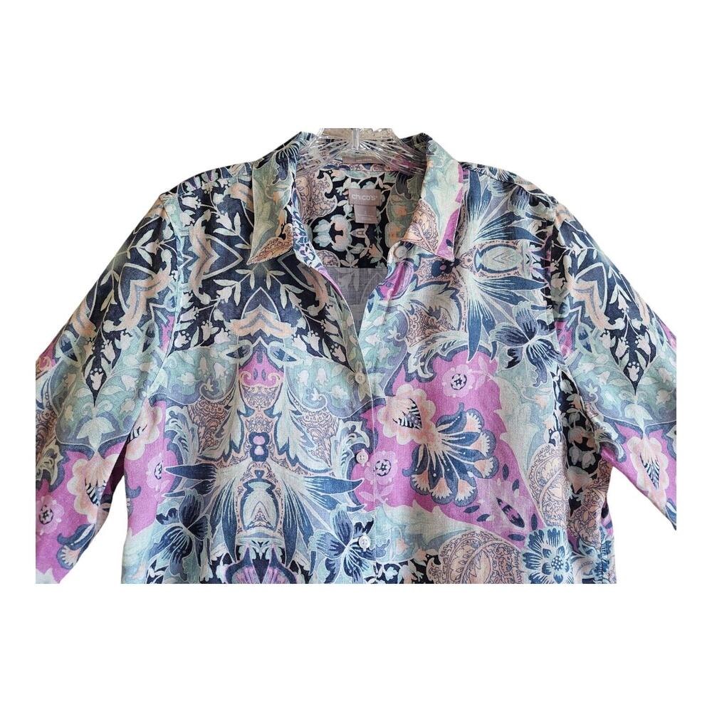 CHICO'S 2 Women's 12 14 Linen Blouse Button Up Paisley Wrinkle Resistant 44" - Picture 2 of 7